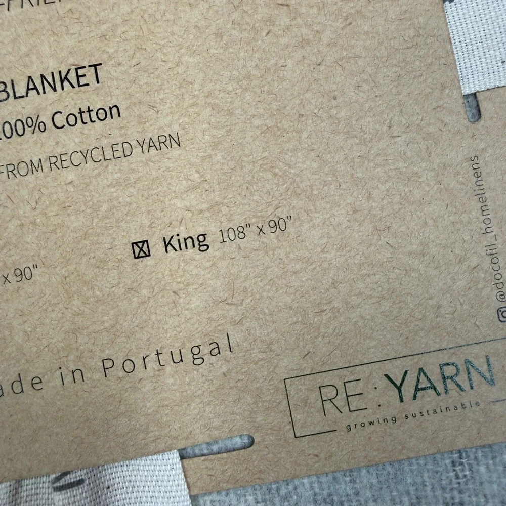 Docofil King Size Blanket Light Grey 100% Recycled Cotton Made in Portugal NEW